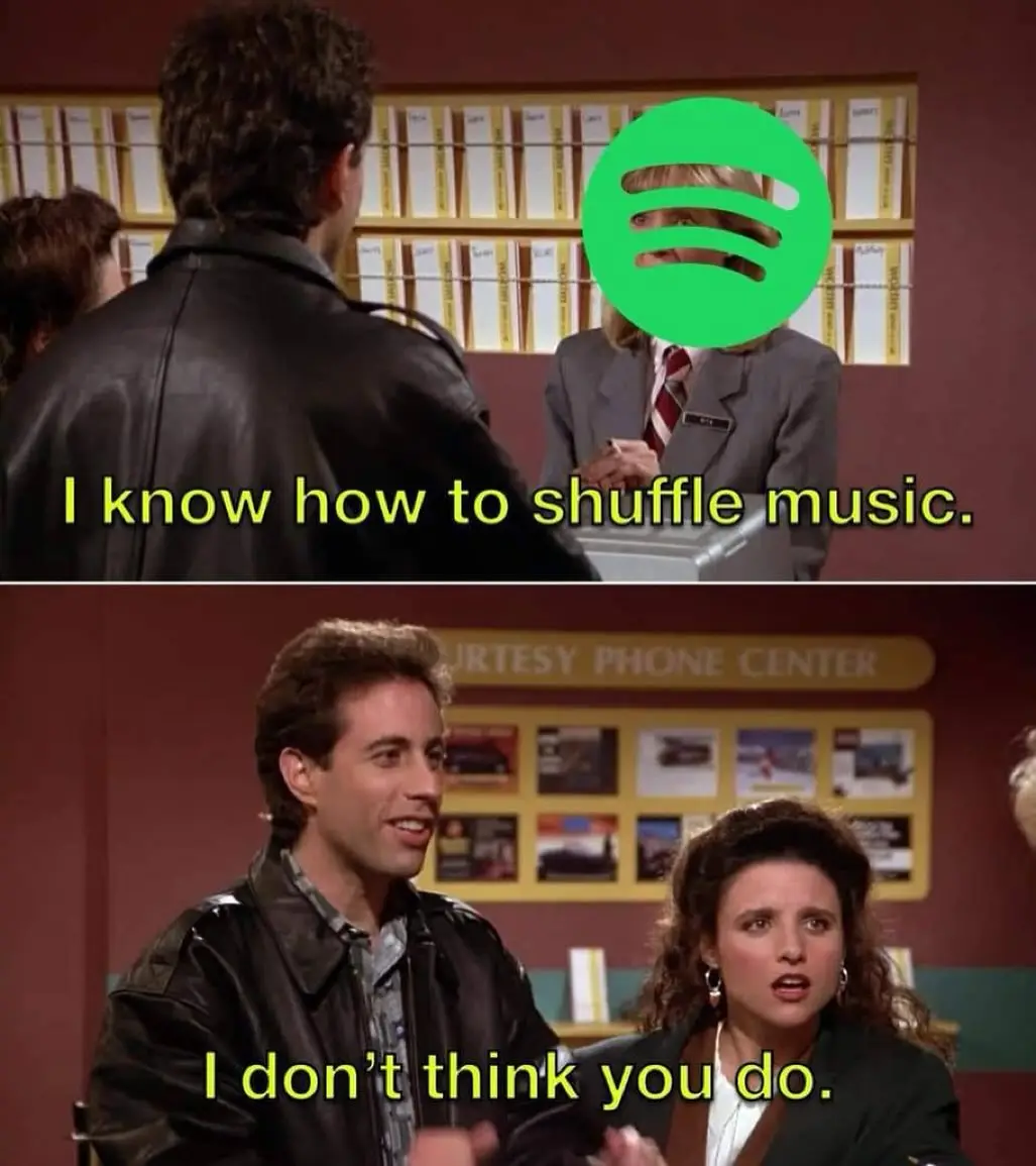 The top panel shows a man in a leather jacket facing a woman in a grey suit whose face is obscured by a green Spotify logo…