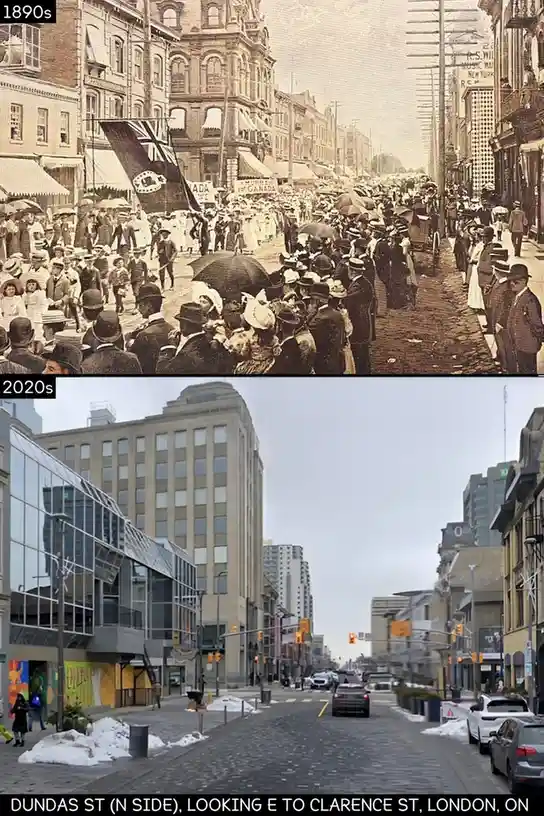 The image is a two-panel comparison: the top panel shows a crowded, bustling street in the 1890s with people holding…