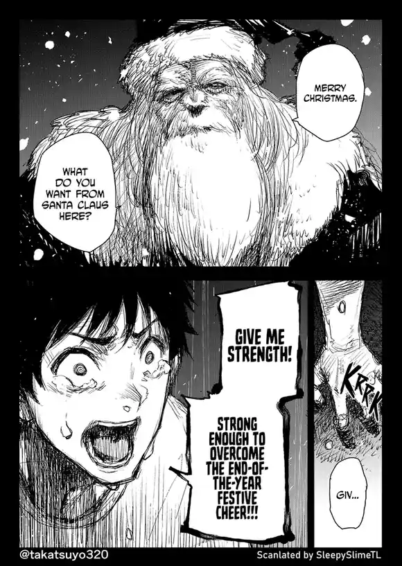 A black-and-white manga panel shows a menacing, snow-covered Santa Claus asking what the viewer wants. Below, a terrified…
