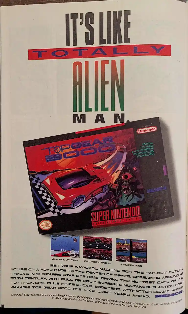 An advertisement for the Super Nintendo game 'Top Gear 3000' features a red race car and a menacing alien creature. The text…