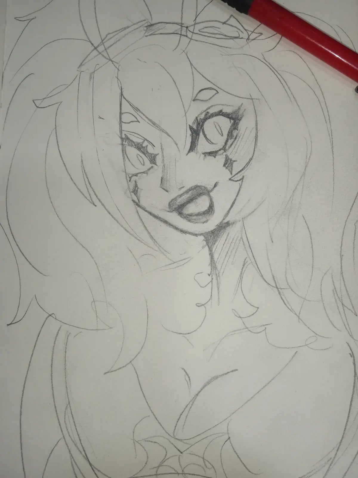 A pencil sketch of an anime-style female character with long hair and a bow, showing an exaggerated, wide-eyed, open-mouthed…