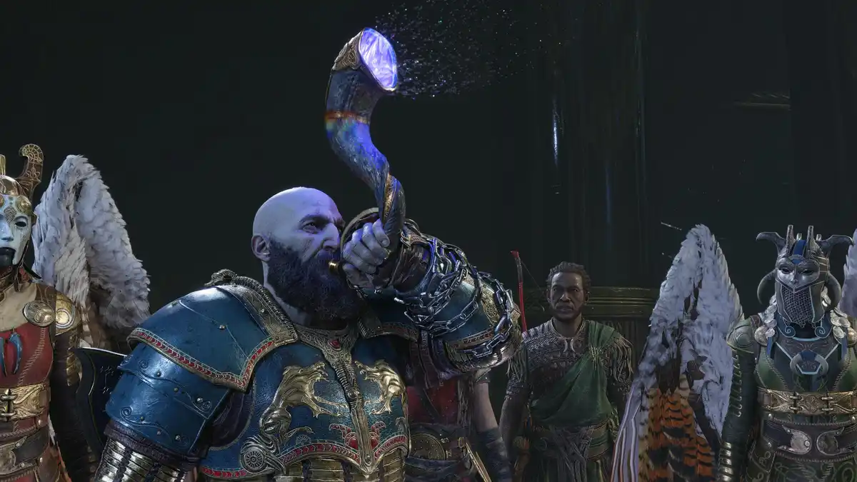 A bald, bearded man in ornate blue and gold armor blows a glowing, rainbow-hued horn that emits sparkles, surrounded by…