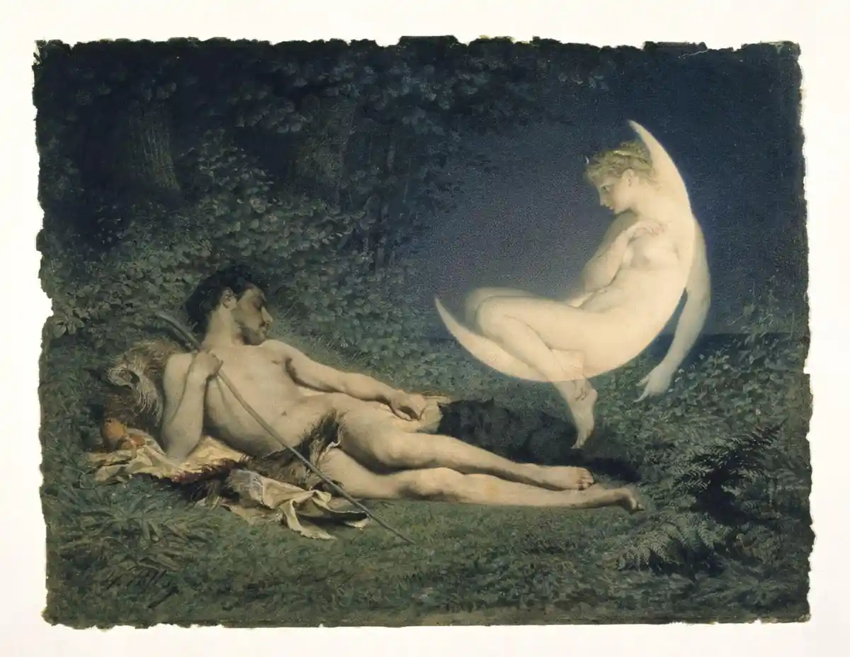 A classical painting depicts a nude man lying on the grass in a dark forest, gazing up at a nude woman with a crescent moon…