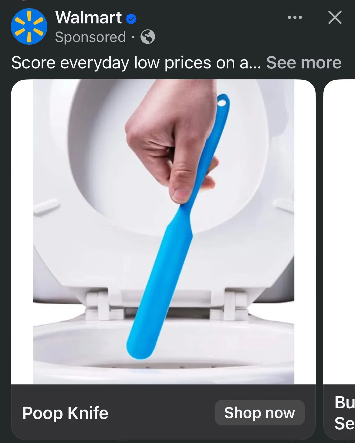 A walmart sponsored ad image shows a hand holding a blue plastic tool over a white toilet bowl. The tool is labeled 'Poop…