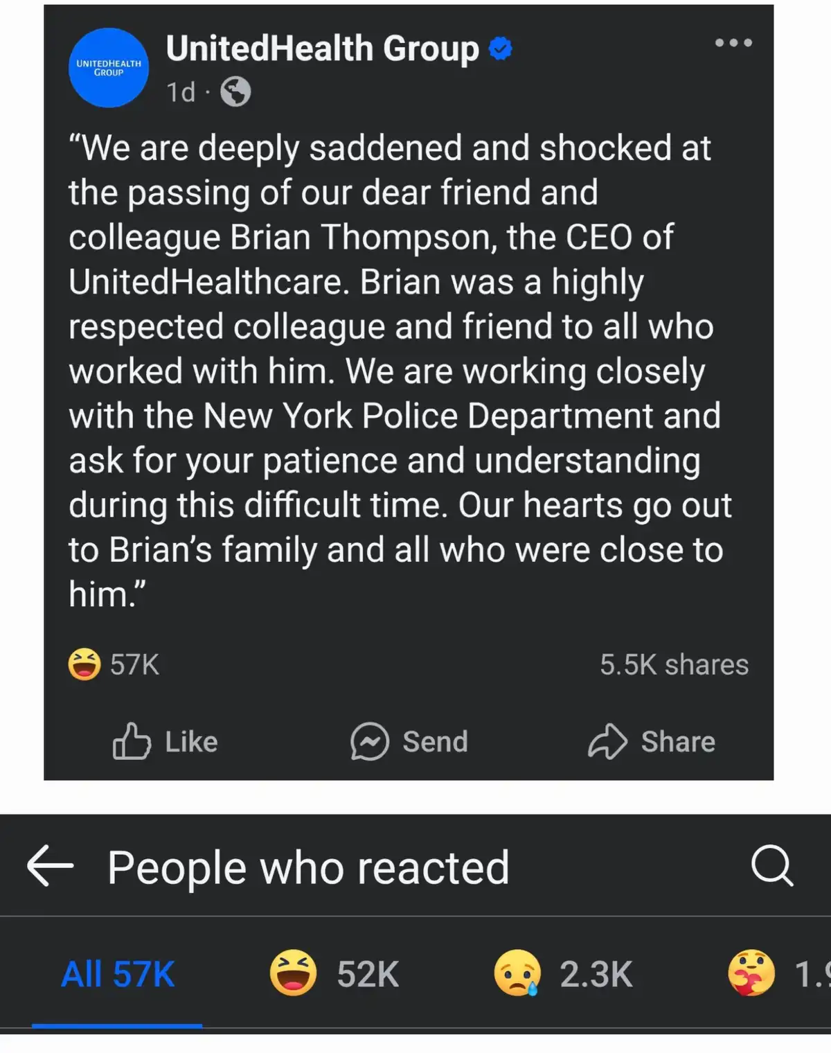 A screenshot of a UnitedHealth Group Facebook post announcing the death of CEO Brian Thompson, using formal corporate…