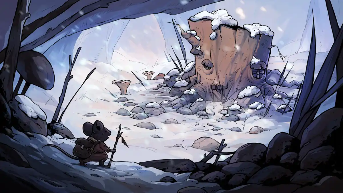 A small, dark-furred mouse with a backpack and stick stands in a snowy, rocky landscape, looking toward a large…