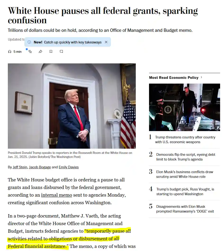 A screenshot of a Washington Post article shows a photo of Donald Trump looking upward with a skeptical expression, standing…