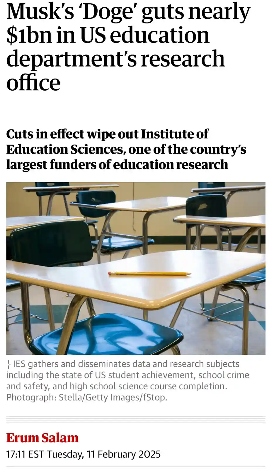 An image of empty school desks with a single pencil on one, overlaid with fake news text claiming Elon Musk's 'Doge'…