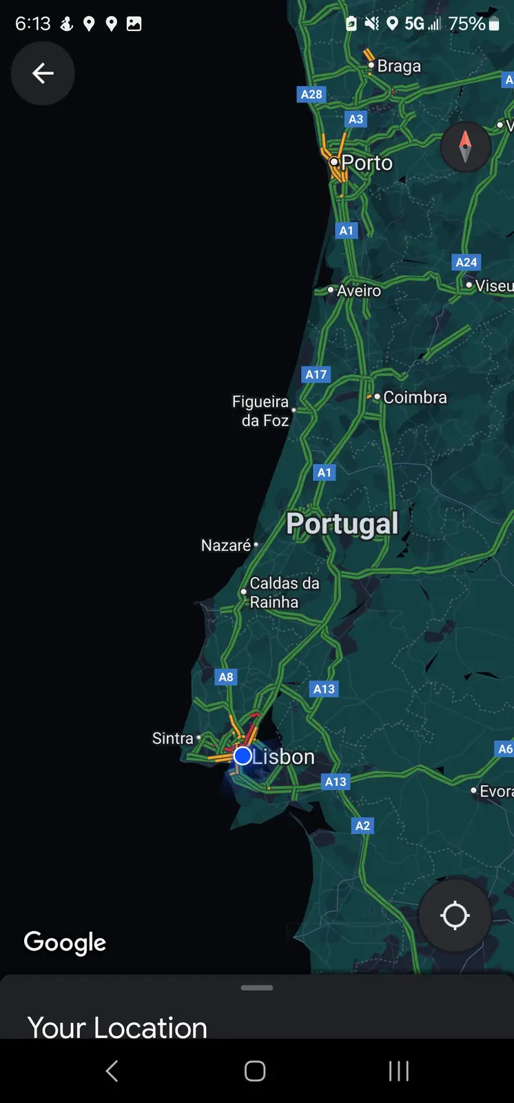 A smartphone screen shows a Google Maps view of Portugal with Lisbon marked as 'Your Location'. The map displays major…