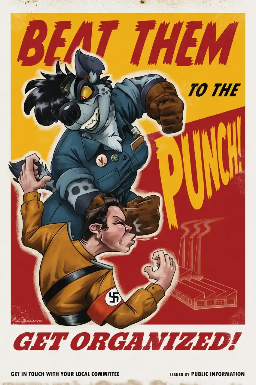 A vintage-style propaganda poster features a large, aggressive anthropomorphic wolf in a blue work uniform punching a…