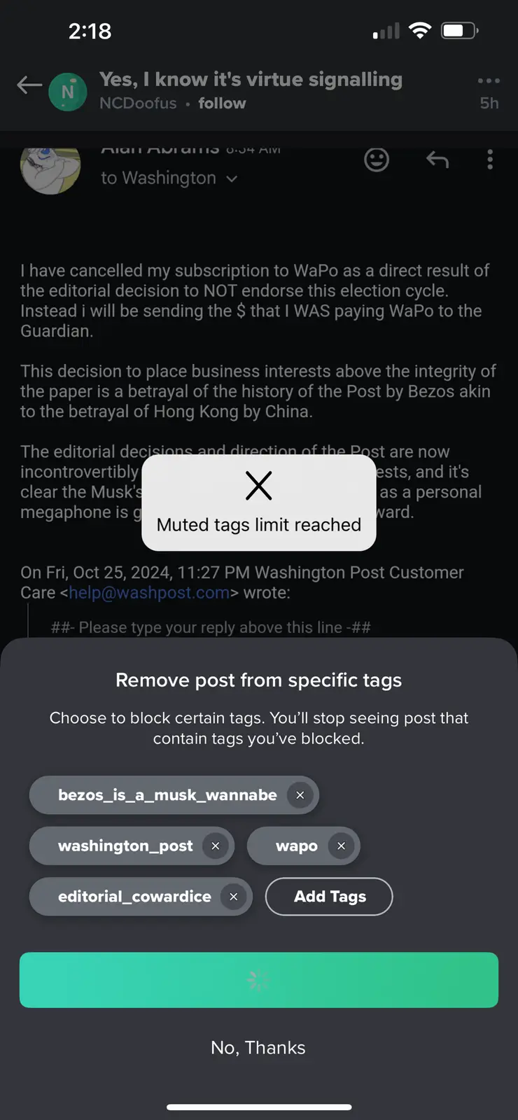 A screenshot of a social media app shows a user's post criticizing the Washington Post's editorial decisions, overlaid with…