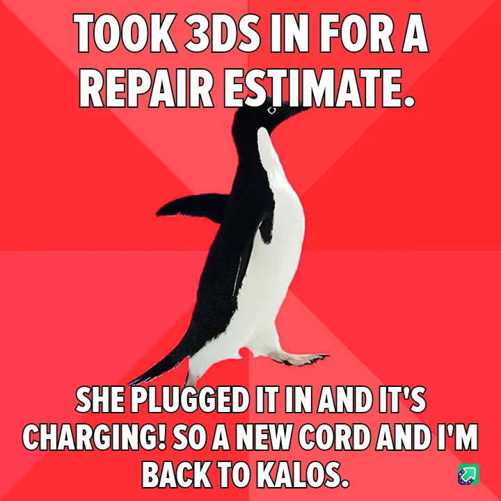 A black-and-white penguin stands against a red background with white text overlaid. The top text reads 'TOOK 3DS IN FOR A…