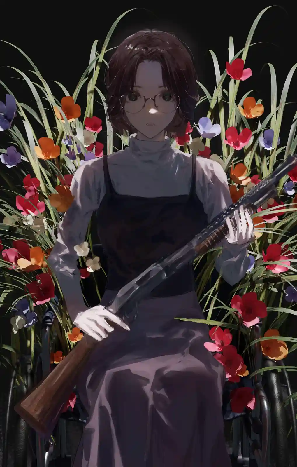 An anime-style illustration shows a young woman with short brown hair and glasses, wearing a dark dress over a white shirt…