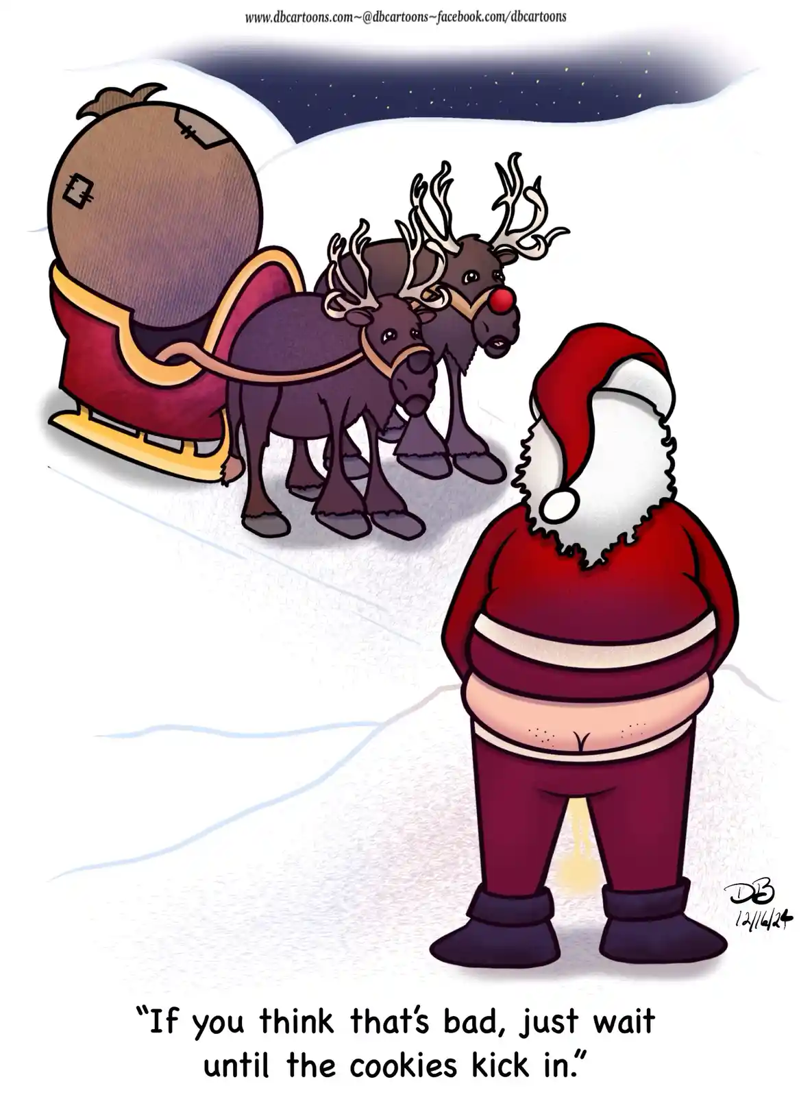 A cartoon depicts Santa Claus standing in the snow with his pants down, revealing his bare buttocks and a yellowish stain…