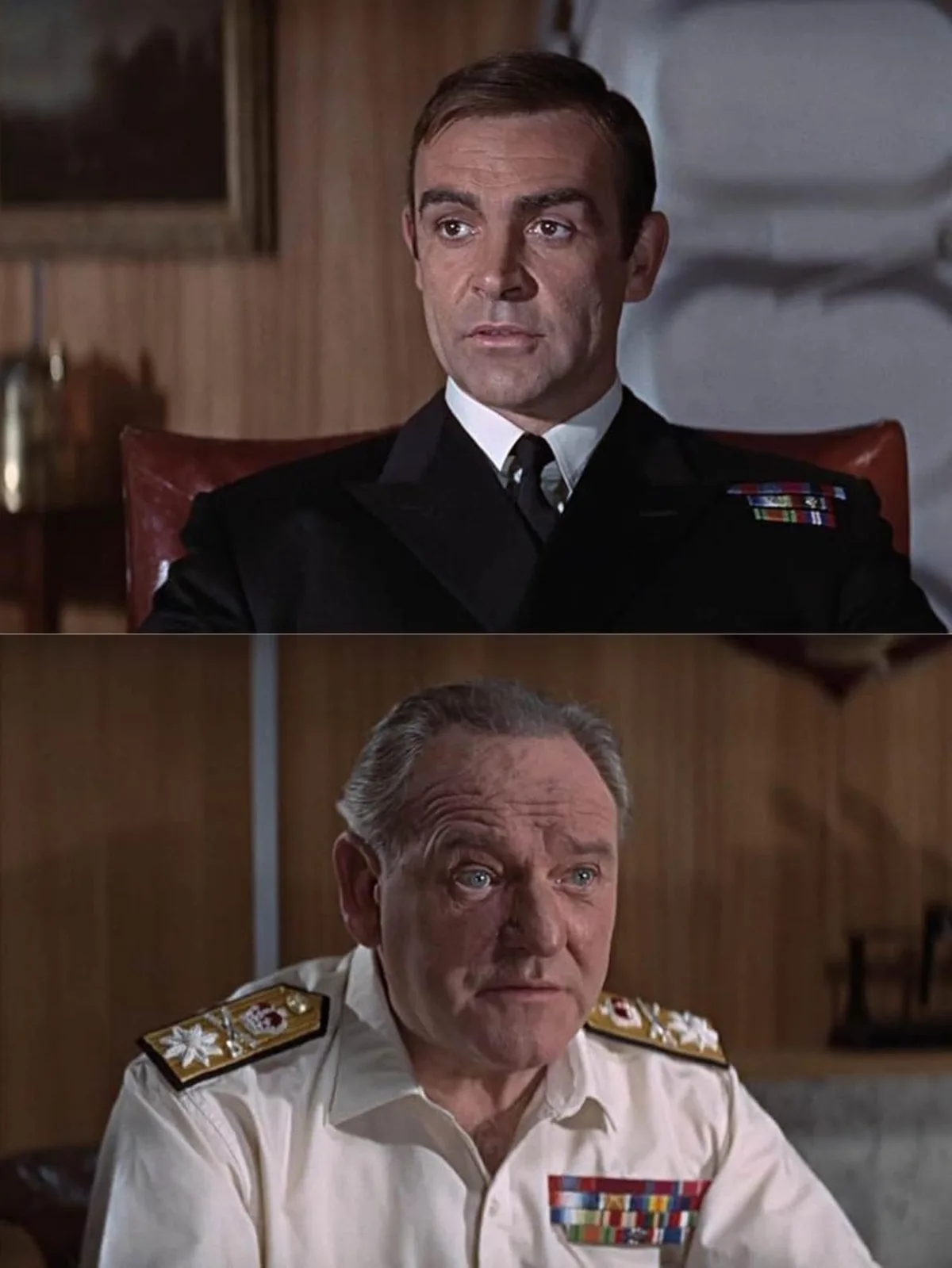 The top panel shows Sean Connery as James Bond in a dark naval uniform, looking slightly confused or concerned. The bottom…