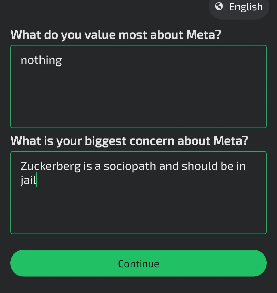 A screenshot of a dark-themed survey interface asking 'What do you value most about Meta?' with the answer 'nothing'…