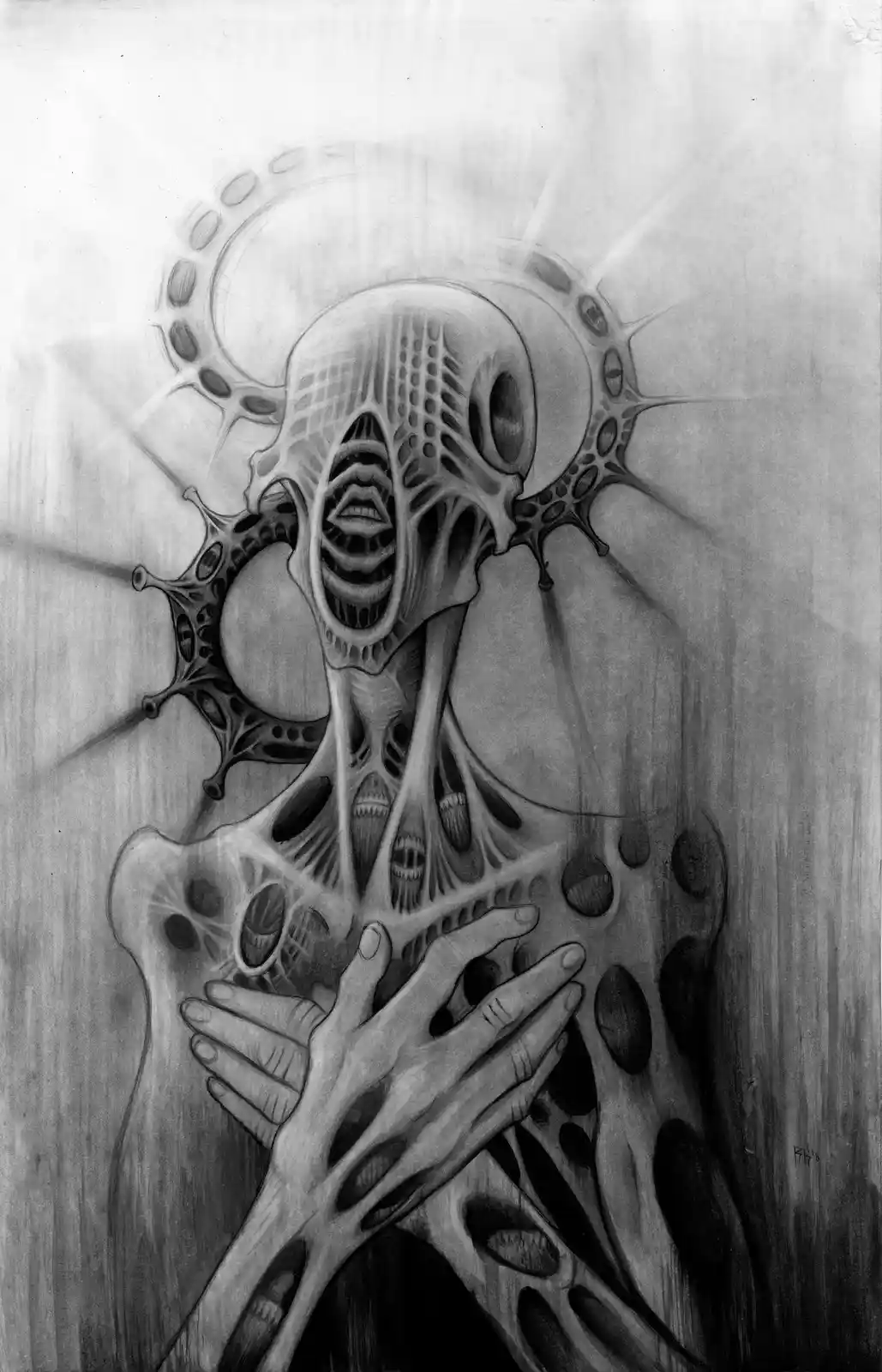 A black-and-white pencil drawing depicts a surreal, biomechanical alien entity with a skeletal, porous body and multiple…
