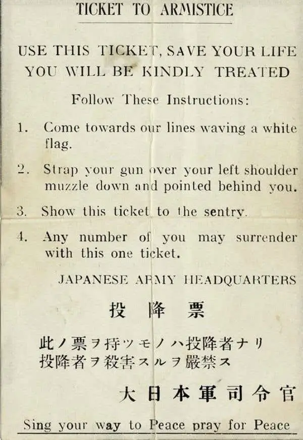 A vintage-looking document titled 'TICKET TO ARMISTICE' with four surrender instructions in English, followed by Japanese…