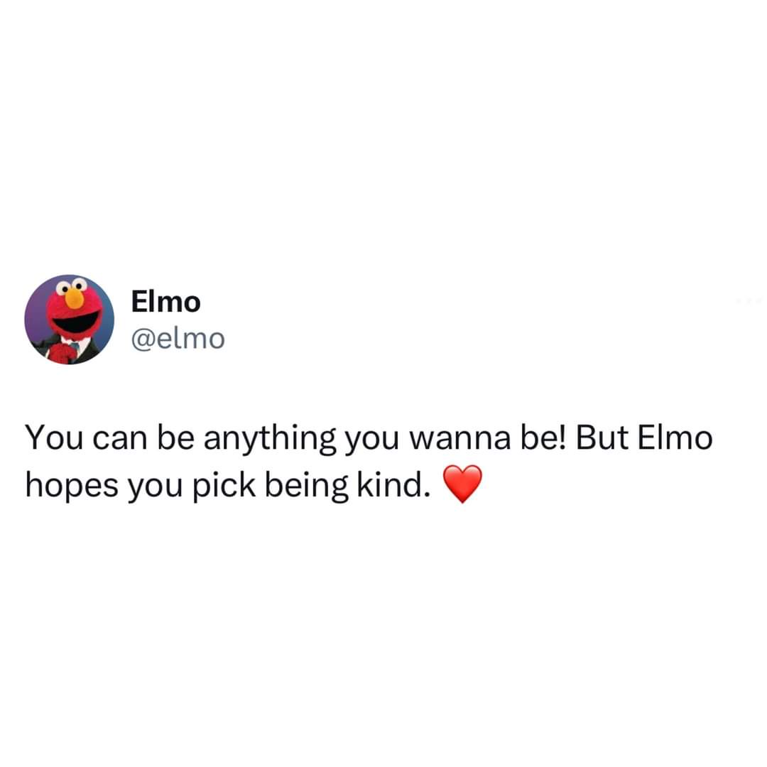 A screenshot of a social media post attributed to 'Elmo' with a circular profile picture of the red Sesame Street character…