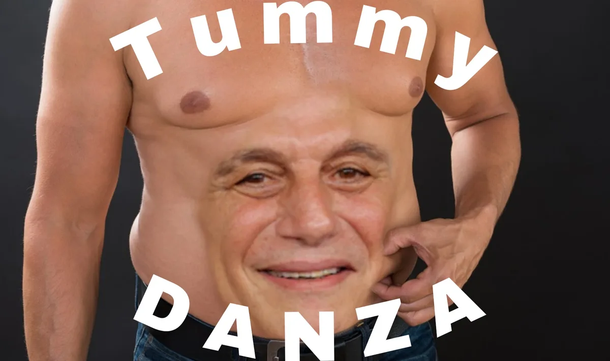 A shirtless man with a large belly has his face photoshopped onto his torso, creating a surreal effect. His hands are placed…