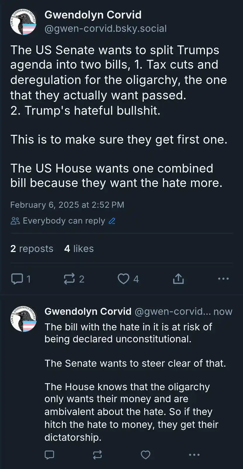 This is a screenshot of two posts from a social media account named 'Gwendolyn Corvid' on a platform resembling Bluesky. The…