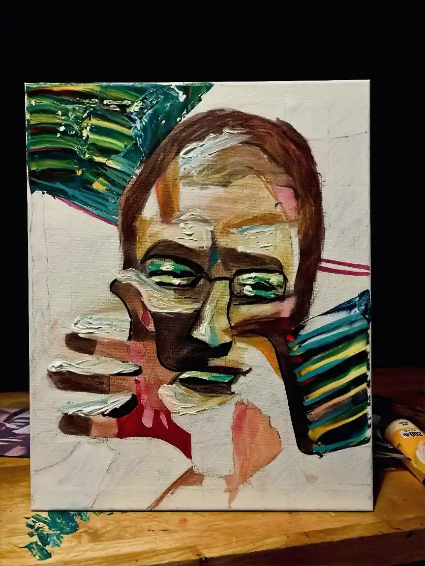 A thickly painted abstract portrait on canvas depicts a person with glasses, rendered in bold, textured strokes of green…