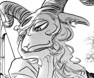 A black-and-white manga panel shows a goat-like humanoid character with large curved horns, long wavy hair, and a smug…