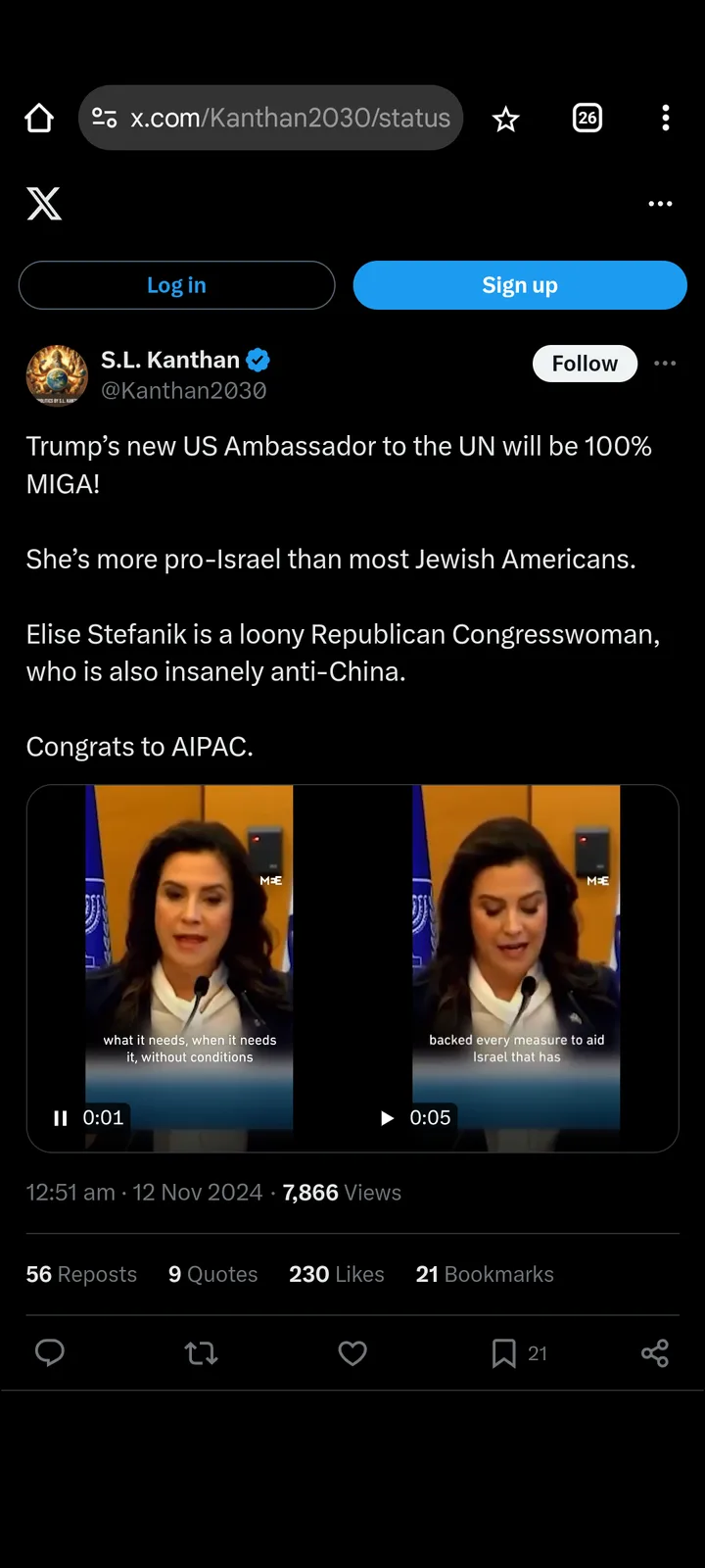 A screenshot of an X (Twitter) post by S.L. Kanthan featuring a video of Elise Stefanik speaking at a podium. The post…