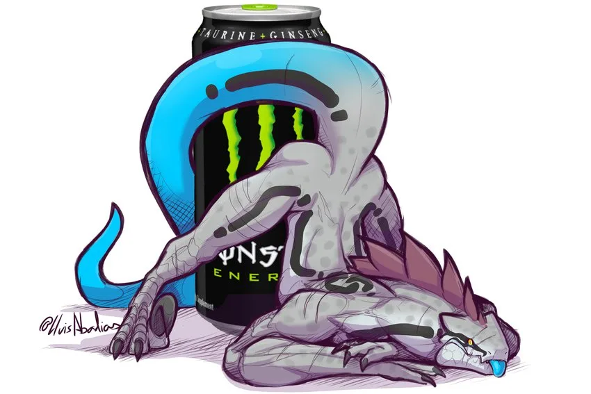 A cartoonish, grey, reptilian creature with a blue tail and spiky back is slumped over, appearing exhausted or asleep, with…