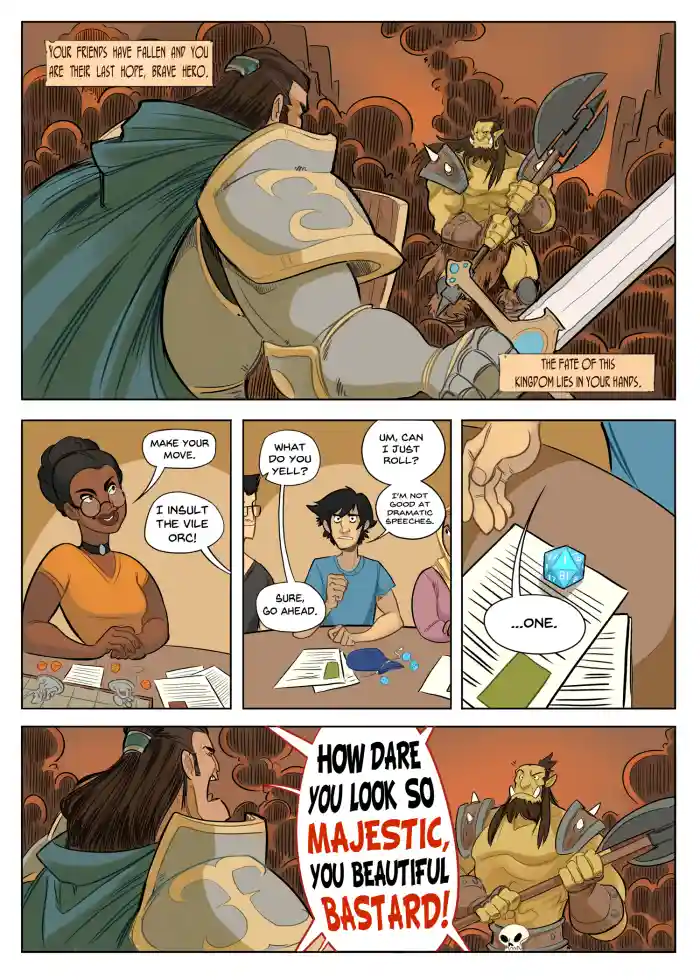 A comic strip depicts a Dungeons & Dragons-style roleplaying game where a player rolls a single die after being prompted to…