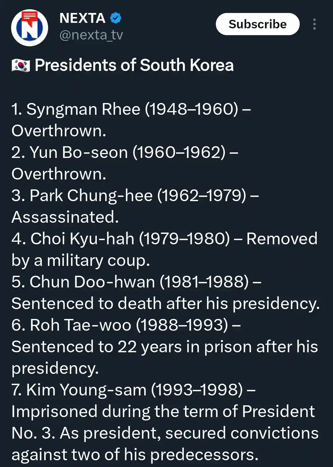 A screenshot of a Nexta TV YouTube video description listing South Korean presidents with their fates, such as 'Overthrown,'…