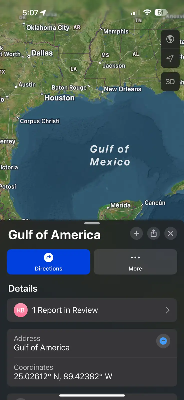 A smartphone map app screenshot showing the Gulf of Mexico with cities like Houston and Cancún visible. A pop-up card…
