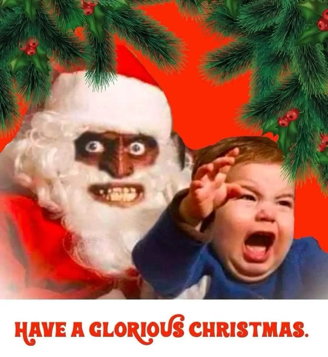 The image features a distorted, menacing Santa Claus with a scary face and a screaming baby in a blue shirt, framed by holly…