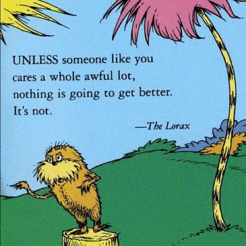 A cartoon illustration of The Lorax, a small orange, furry creature with a mustache, standing on a tree stump and gesturing…