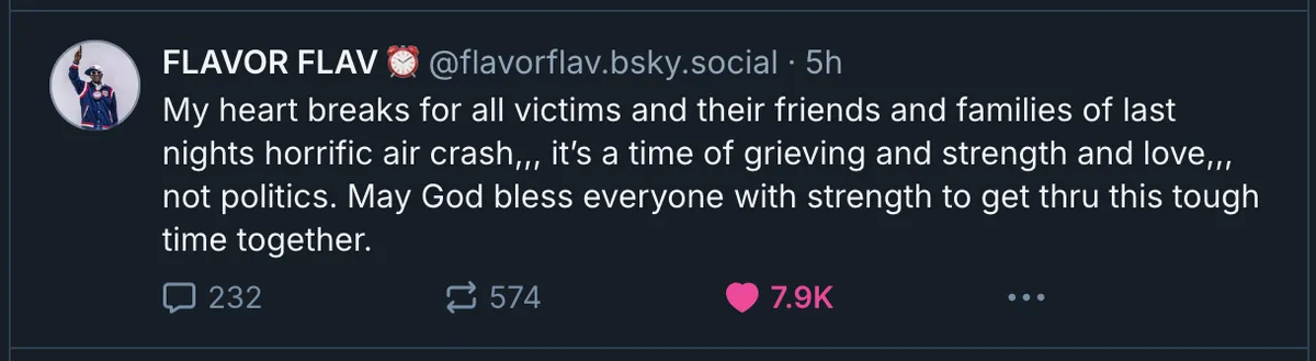 A screenshot of a Bluesky social media post by user FLAVOR FLAV, featuring a profile picture of a man in a blue and red…