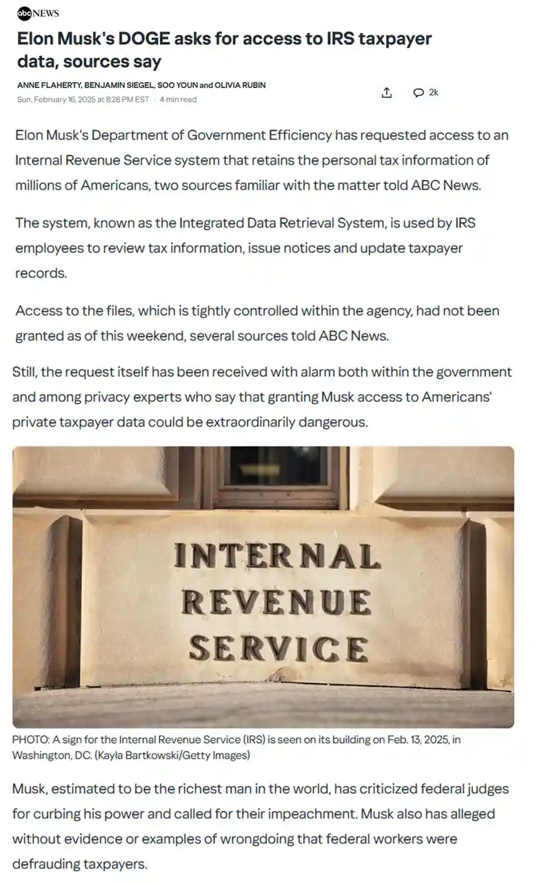 An abcnews article screenshot shows a headline about Elon Musk's Department of Government Efficiency requesting access to…