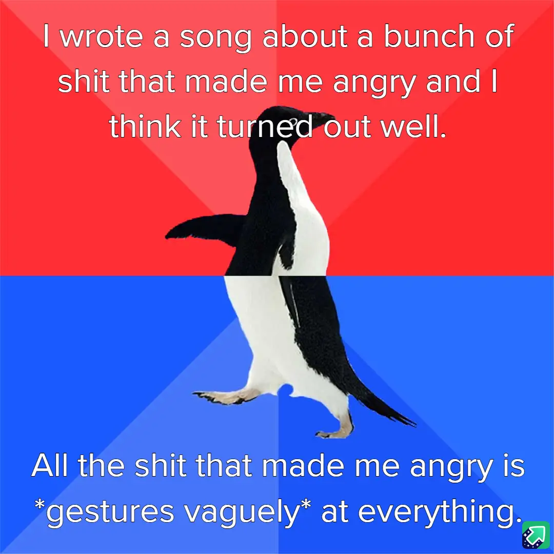 A penguin stands centered against a split red and blue background, with white text overlaid in two sections. The top text…