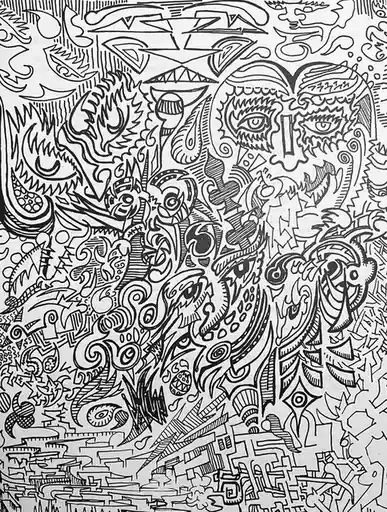 A black-and-white, densely packed doodle-style illustration filled with chaotic, overlapping abstract shapes, faces, eyes…