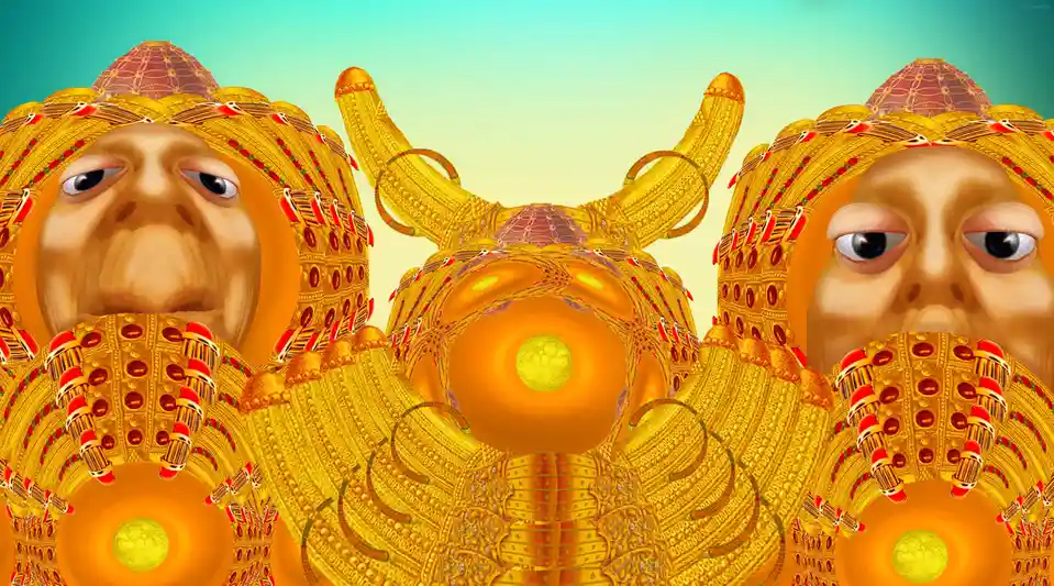 A surreal, digitally generated image features three symmetrical, golden, ornate figures with human-like faces and elaborate…