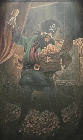 A pirate painting is shown in six panels, alternating between a pirate holding a chest of gold and drinking from a mug, and…