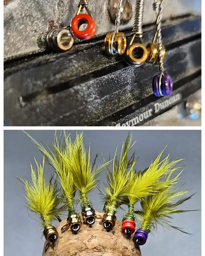 The image is a two-panel meme. The top panel shows colorful beads (red, gold, purple) hanging from springs on a worn metal…