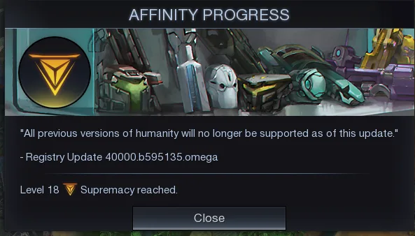 A game interface titled 'AFFINITY PROGRESS' shows a glowing triangular logo and various robotic or armored figures in the…