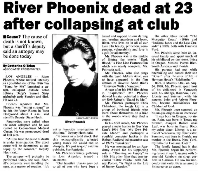 A newspaper clipping from the Associated Press reports the death of actor River Phoenix at age 23 after collapsing at a…