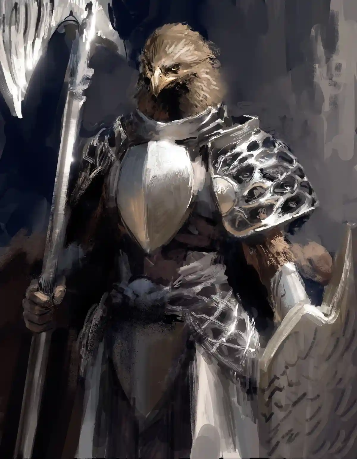 A digitally painted artwork depicts a majestic eagle with a bird-like head and feathered body, clad in detailed silver and…