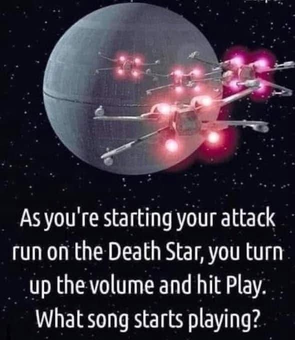The image shows a scene from Star Wars with multiple X-wing starfighters attacking the Death Star, their laser cannons…