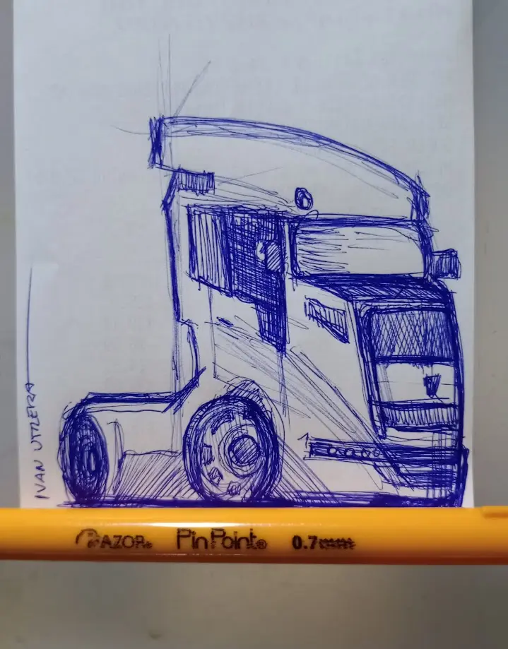 A blue ink sketch of a semi-truck cab on white paper, with a yellow 'AZOR PinPoint 0.7mm' pen resting horizontally across…