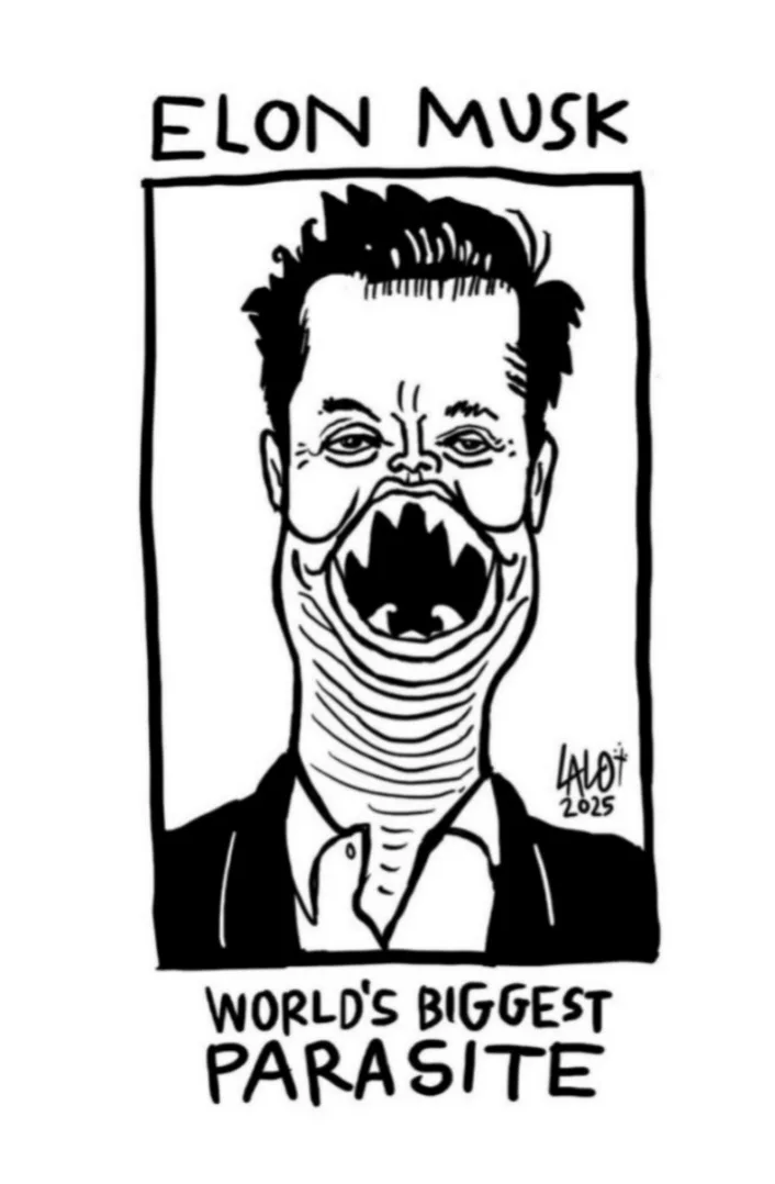 A black-and-white cartoon drawing of a man with wild hair, an exaggeratedly long neck, and a wide, toothy grin, framed as if…