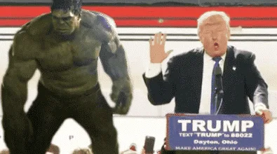 A six-panel image sequence shows the Hulk physically attacking Donald Trump at a rally. In the first frame, the Hulk lunges…