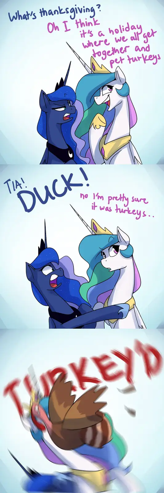 A three-panel comic featuring two My Little Pony characters, a blue pony and a white unicorn with a rainbow mane. In the…