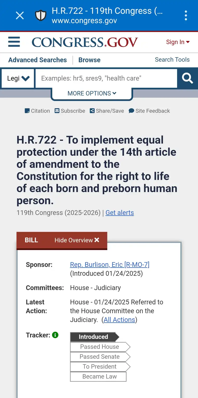 A screenshot of the congress.gov website showing bill H.R.722, which aims to implement equal protection under the 14th…
